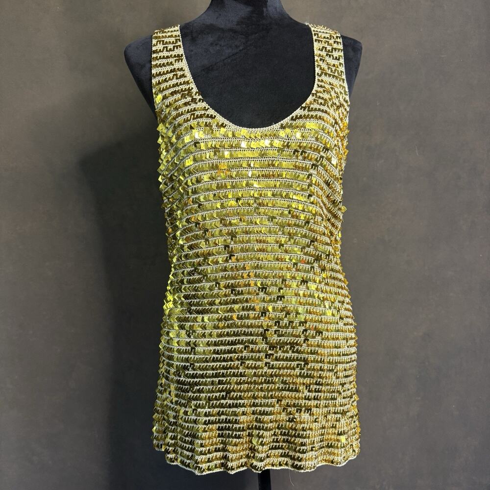 Gold Feeling Sequin Tank Top Dress XL Gold Metallic Sleeveless Knit Disco Party